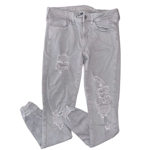 American Eagle Distressed Super Stretch X Jeggings In Light Gray - Picture 6 of 7